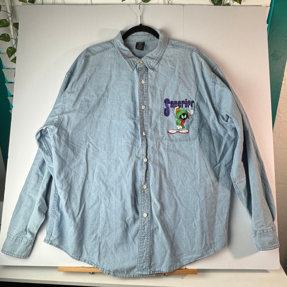 Vintage Warner Bros Studio Store Marvin‎ the Martian Denim Shirt XXL Light Wash